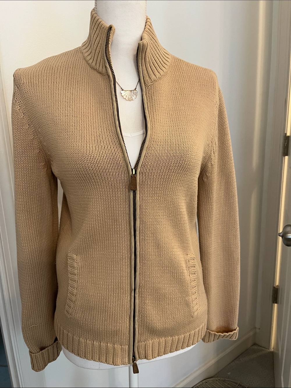 Lauren Ralph Lauren Tan Zip-Front Knit Cardigan